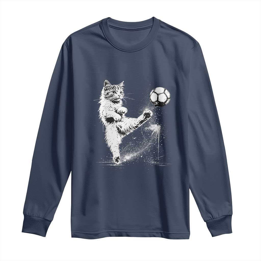 Cat Playing Soccer Long Sleeve Shirt Funny Cat Lover Gift TS12 Navy Print Your Wear