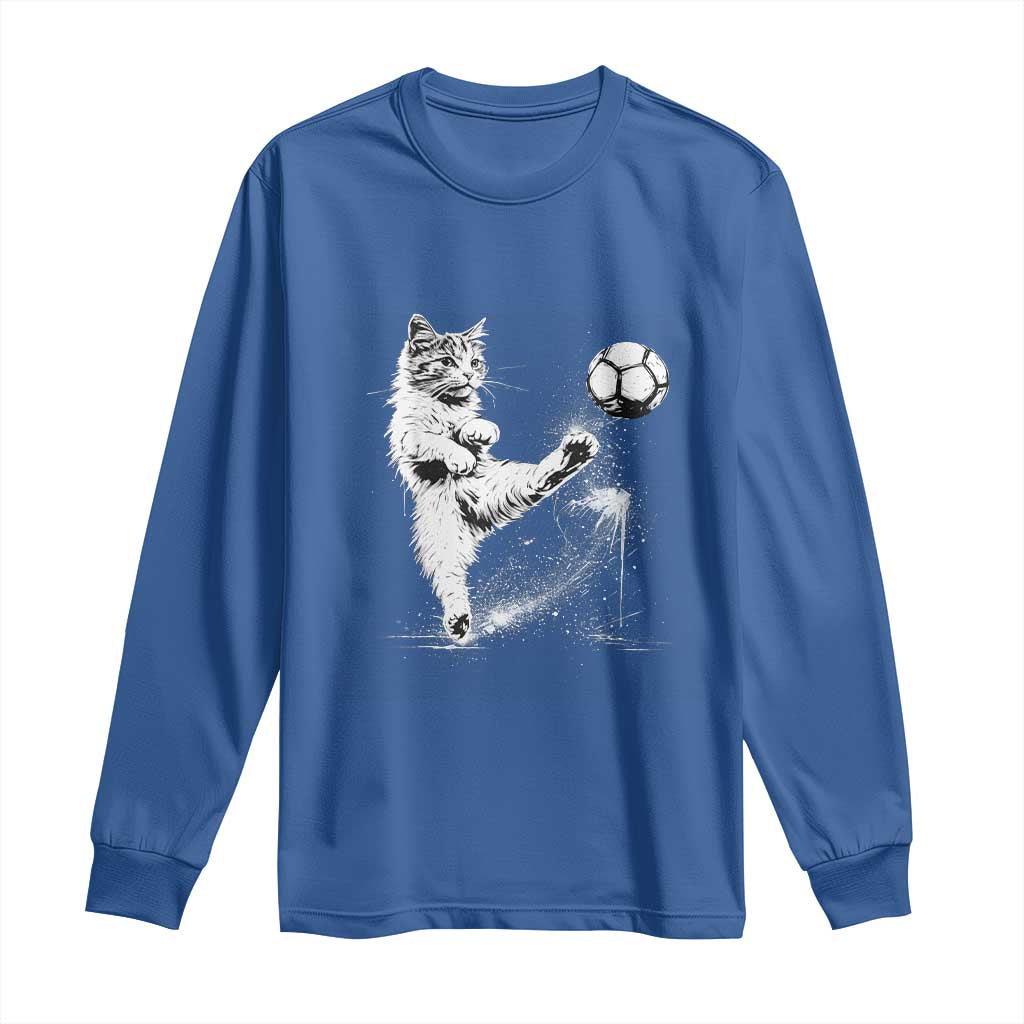Cat Playing Soccer Long Sleeve Shirt Funny Cat Lover Gift TS12 Royal Blue Print Your Wear