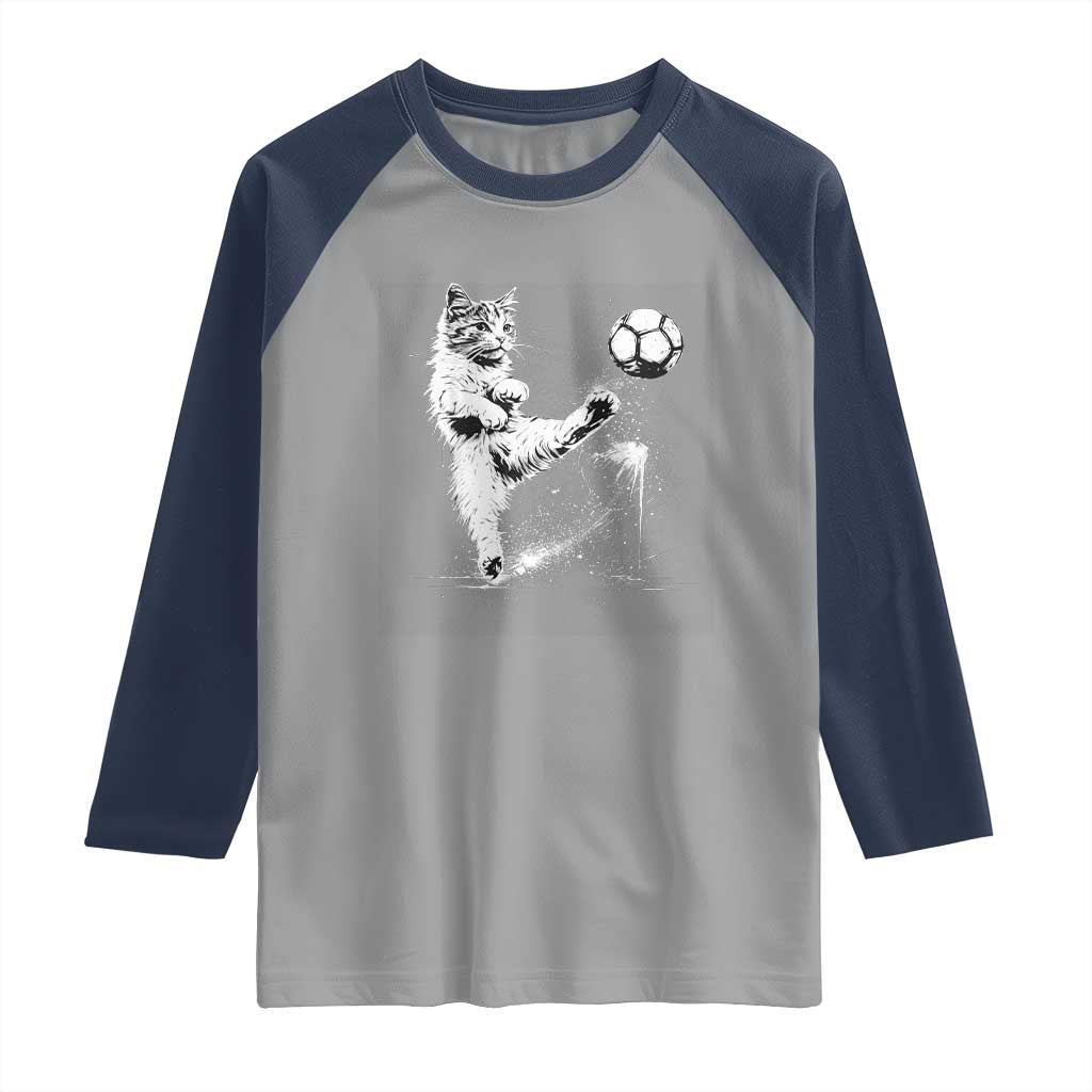 Cat Playing Soccer Raglan Shirt Funny Cat Lover Gift TS12 Sport Gray Navy Print Your Wear