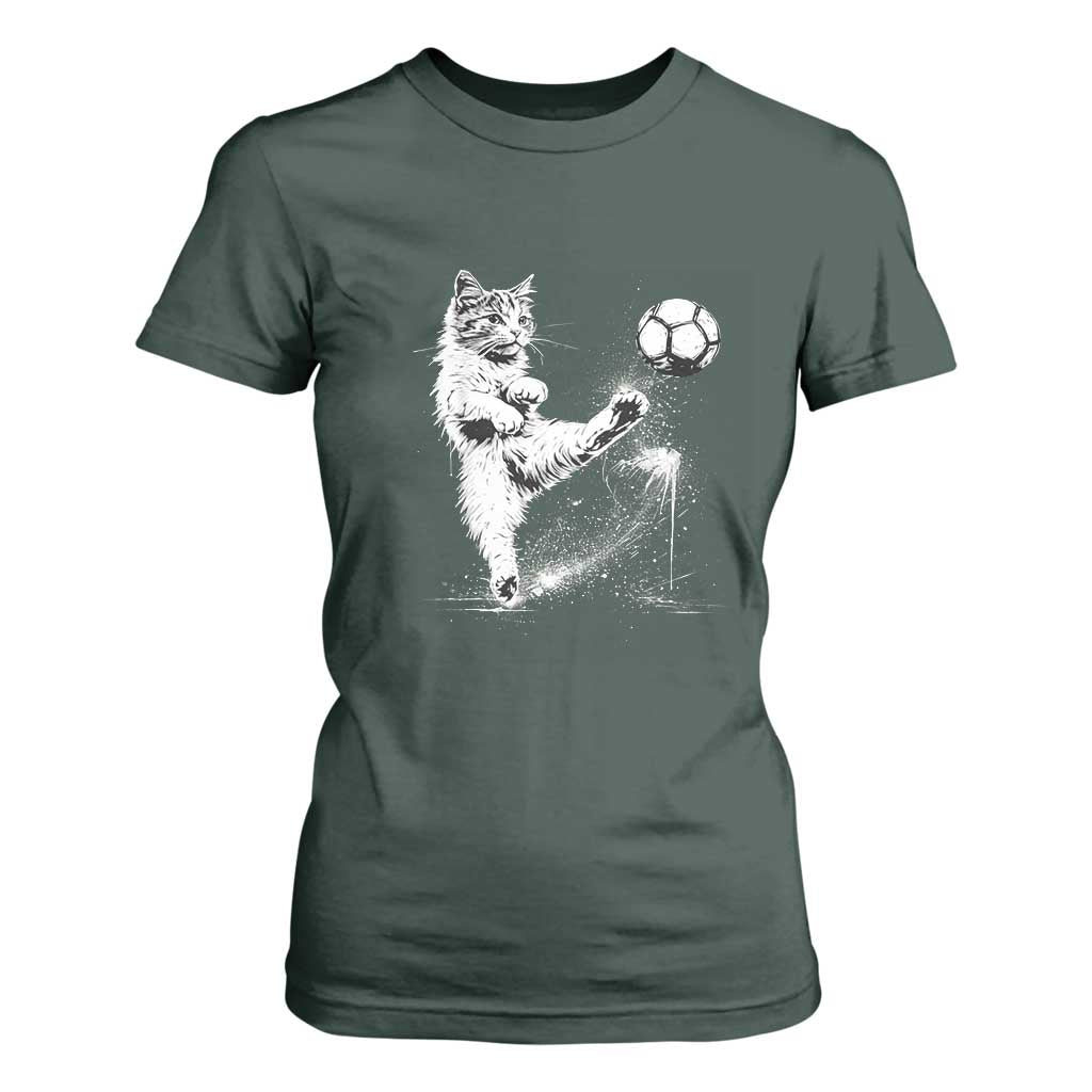 Cat Playing Soccer T Shirt For Women Funny Cat Lover Gift TS12 Dark Forest Green Print Your Wear