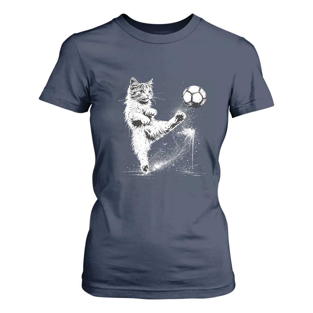Cat Playing Soccer T Shirt For Women Funny Cat Lover Gift TS12 Navy Print Your Wear