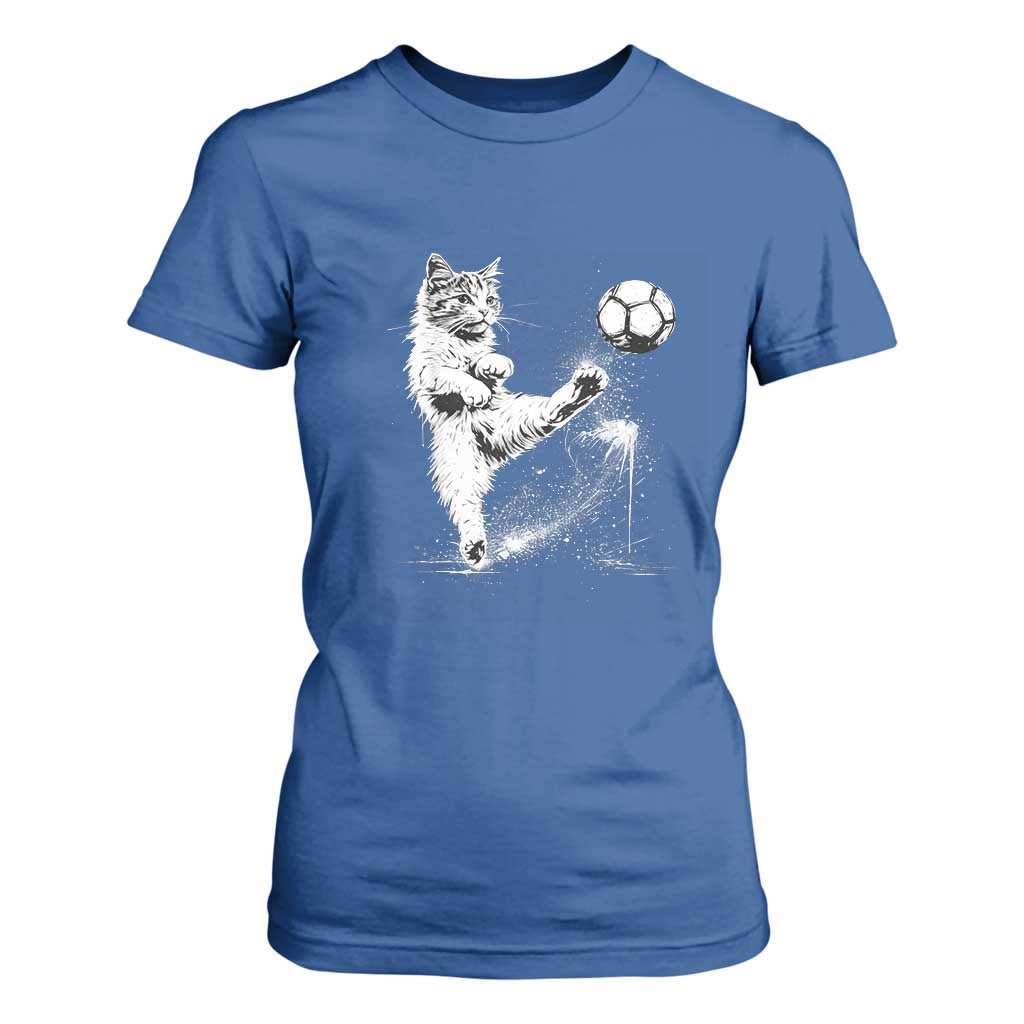 Cat Playing Soccer T Shirt For Women Funny Cat Lover Gift TS12 Royal Blue Print Your Wear