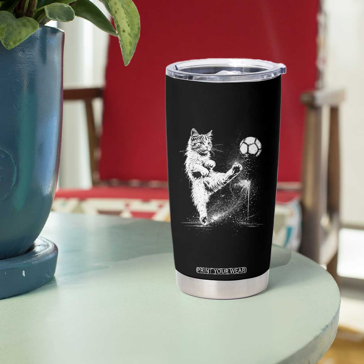 Cat Playing Soccer Tumbler Cup Funny Cat Lover Gift TS12 Print Your Wear
