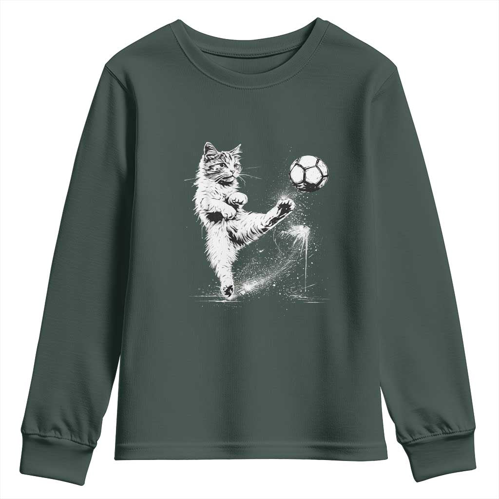 Cat Playing Soccer Youth Sweatshirt Funny Cat Lover Gift TS12 Dark Forest Green Print Your Wear