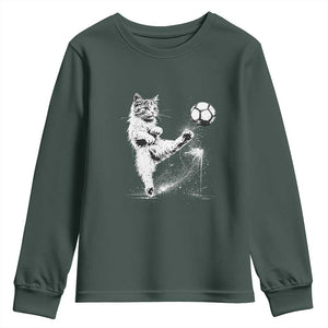 Cat Playing Soccer Youth Sweatshirt Funny Cat Lover Gift TS12 Dark Forest Green Print Your Wear