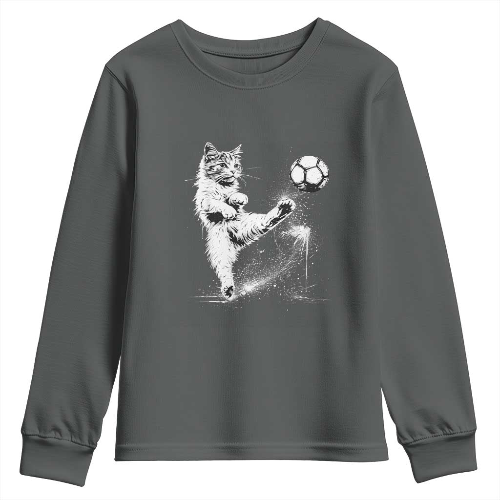 Cat Playing Soccer Youth Sweatshirt Funny Cat Lover Gift TS12 Dark Heather Print Your Wear