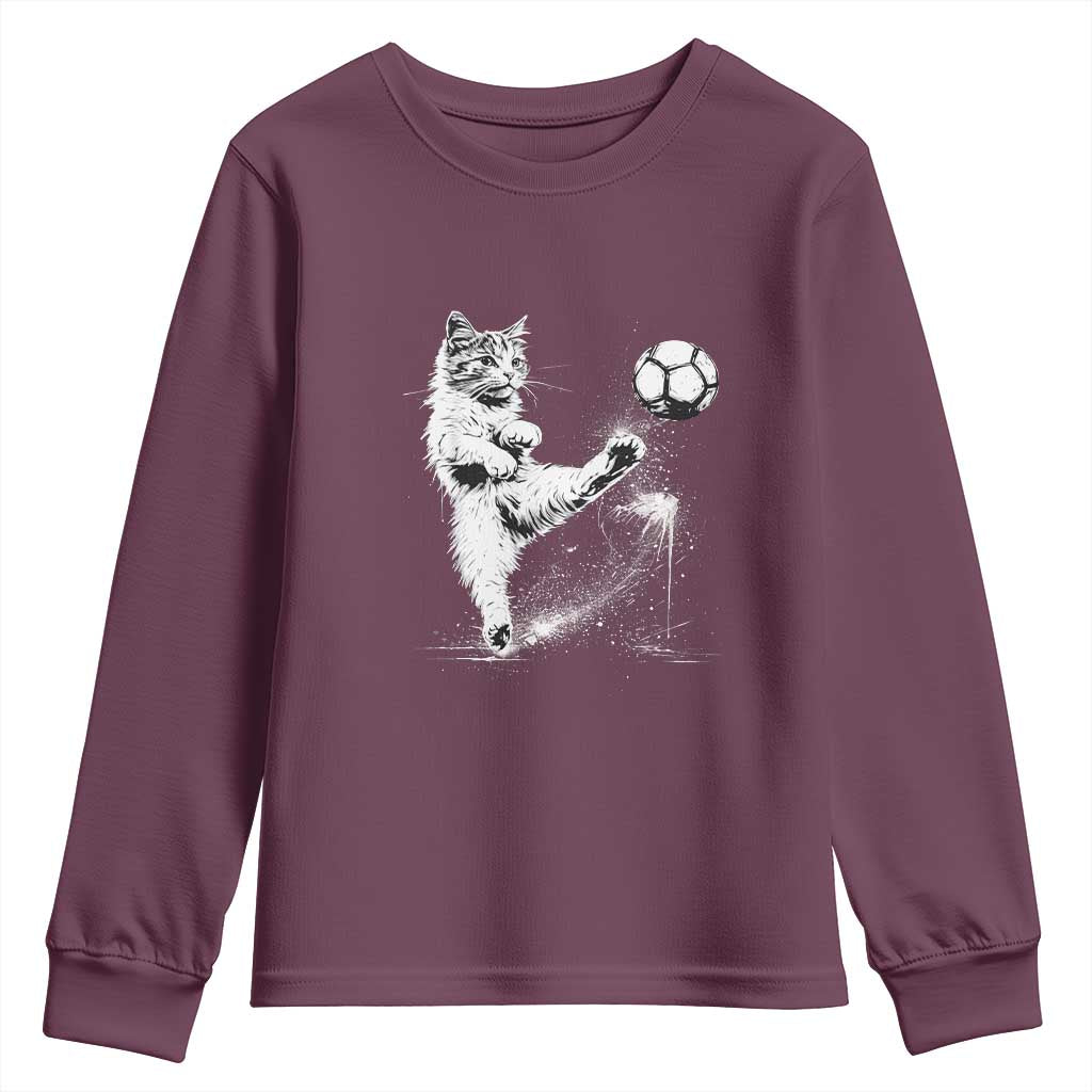 Cat Playing Soccer Youth Sweatshirt Funny Cat Lover Gift TS12 Maroon Print Your Wear