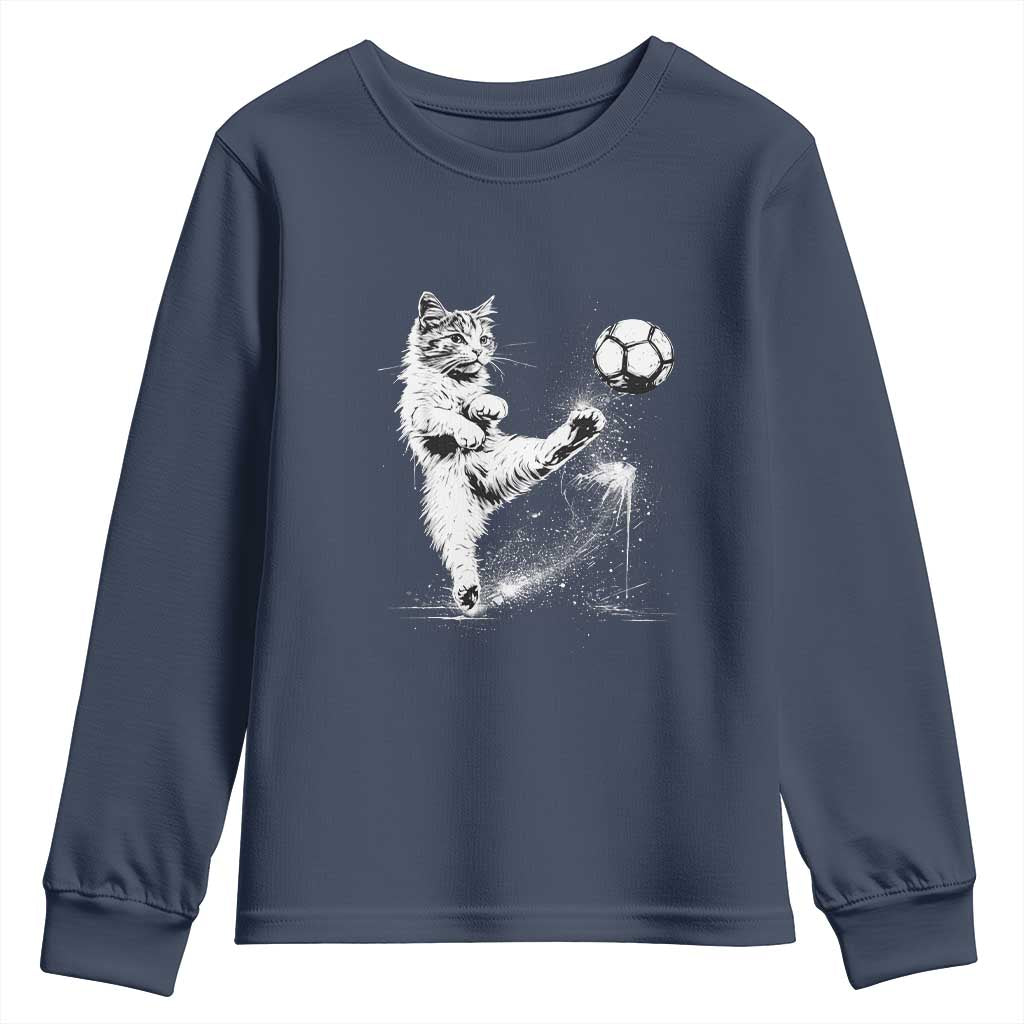 Cat Playing Soccer Youth Sweatshirt Funny Cat Lover Gift TS12 Navy Print Your Wear