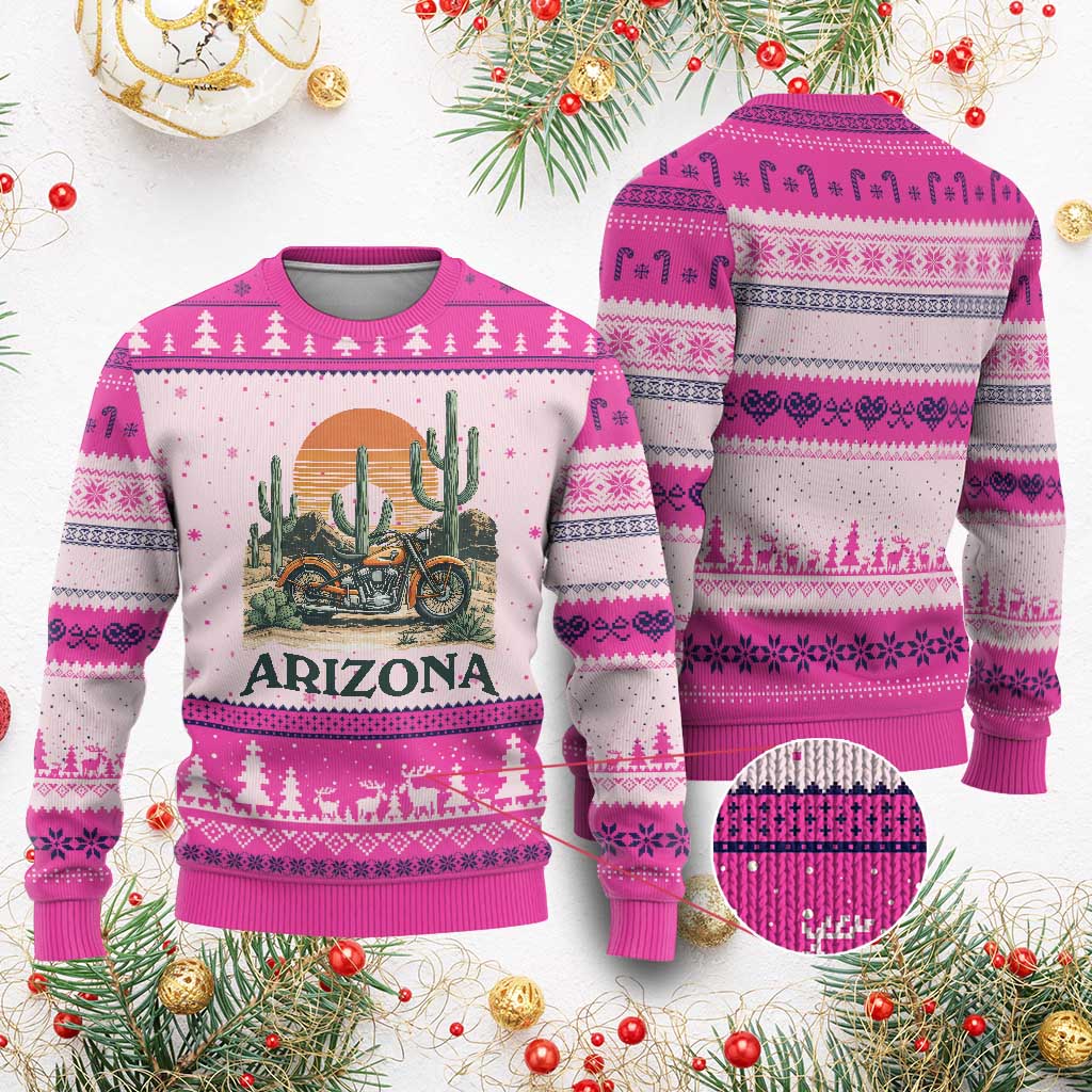 Arizona Motorcycle Ugly Christmas Sweater Vintage Desert Highway Rider Gift TS12 Hot Pink Print Your Wear