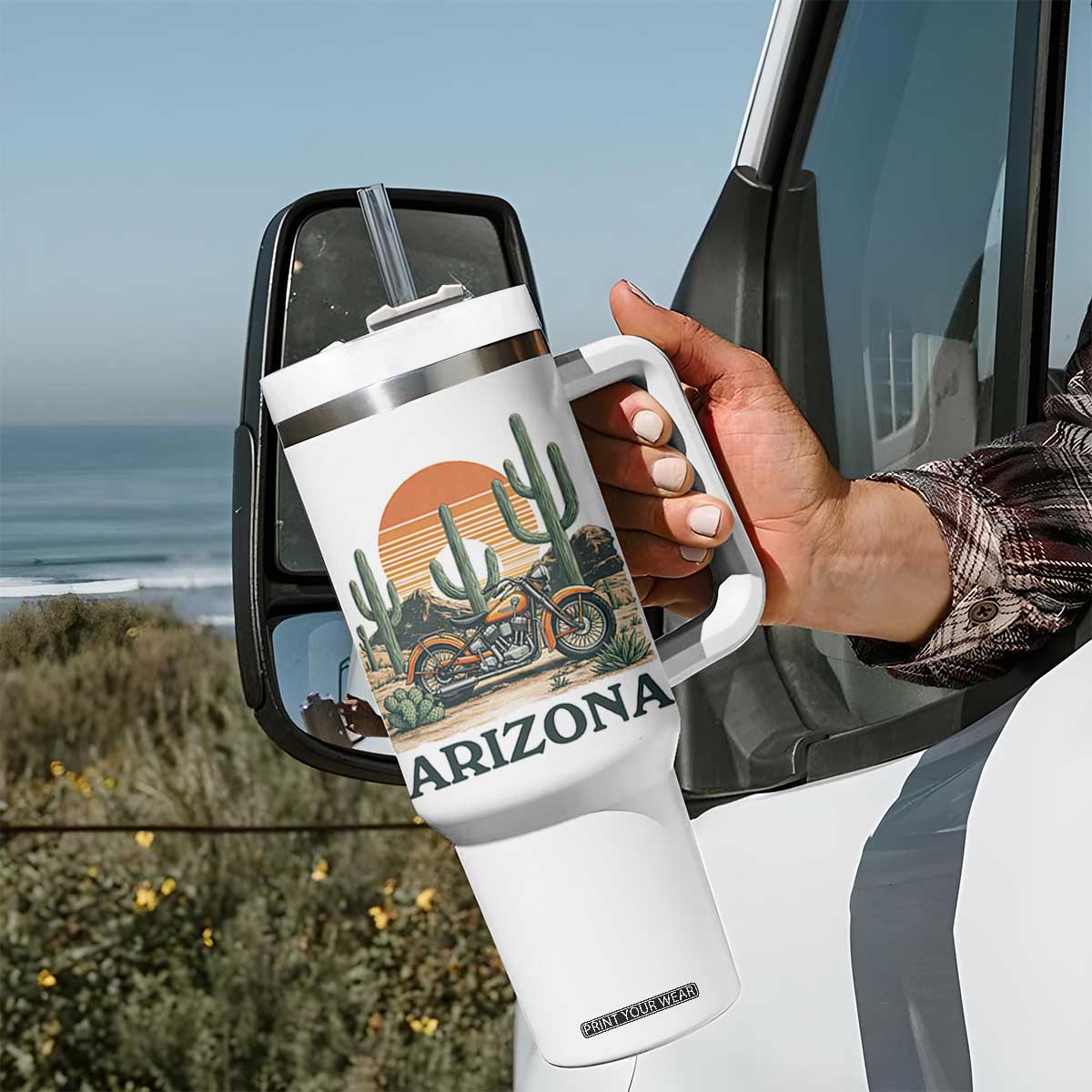Arizona Motorcycle Tumbler With Handle Vintage Desert Highway Rider Gift TS12 Print Your Wear