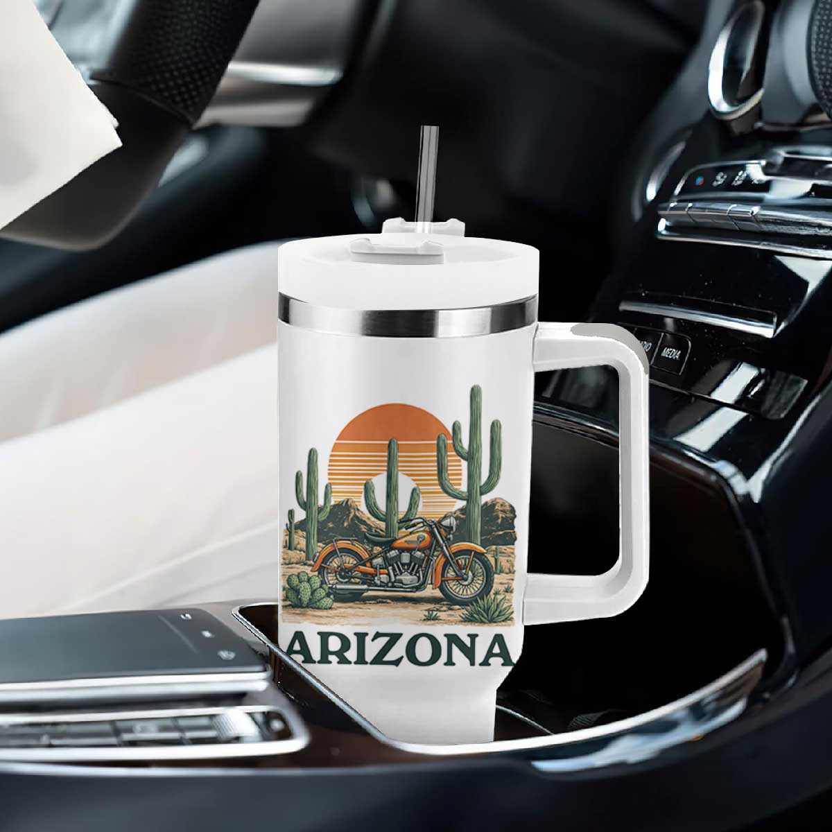 Arizona Motorcycle Tumbler With Handle Vintage Desert Highway Rider Gift TS12 Print Your Wear