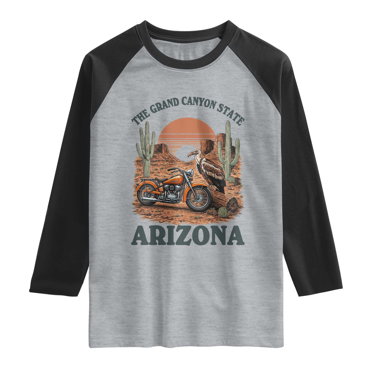 Vintage Arizona Motorcycle Rider Raglan Shirt Desert Cactus Grand Canyon State TS12 Heather Gray Black Print Your Wear