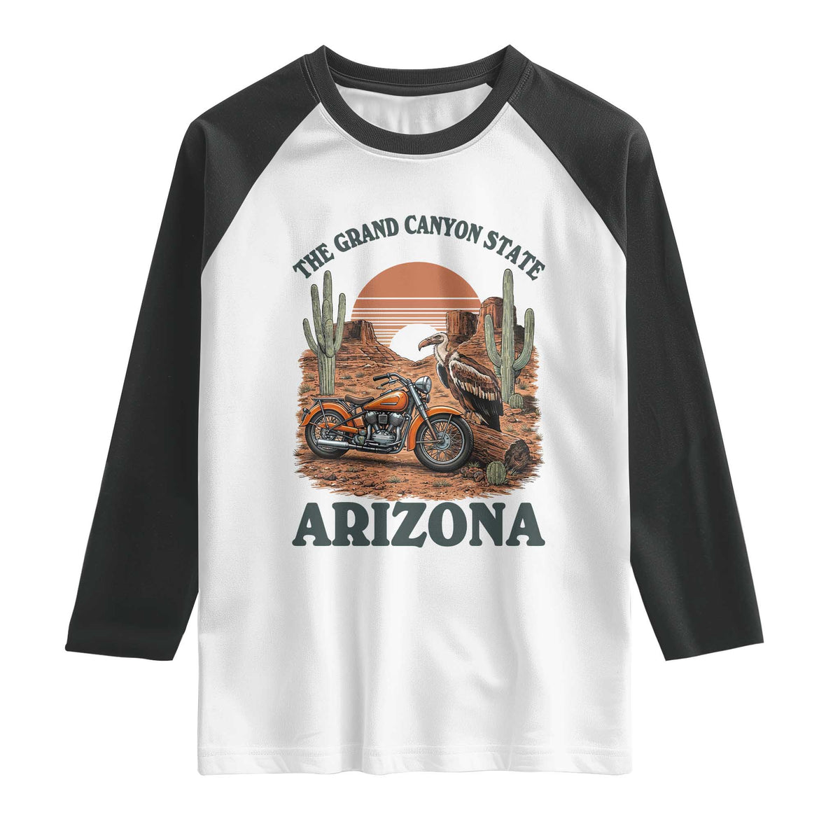 Vintage Arizona Motorcycle Rider Raglan Shirt Desert Cactus Grand Canyon State TS12 White Black Print Your Wear