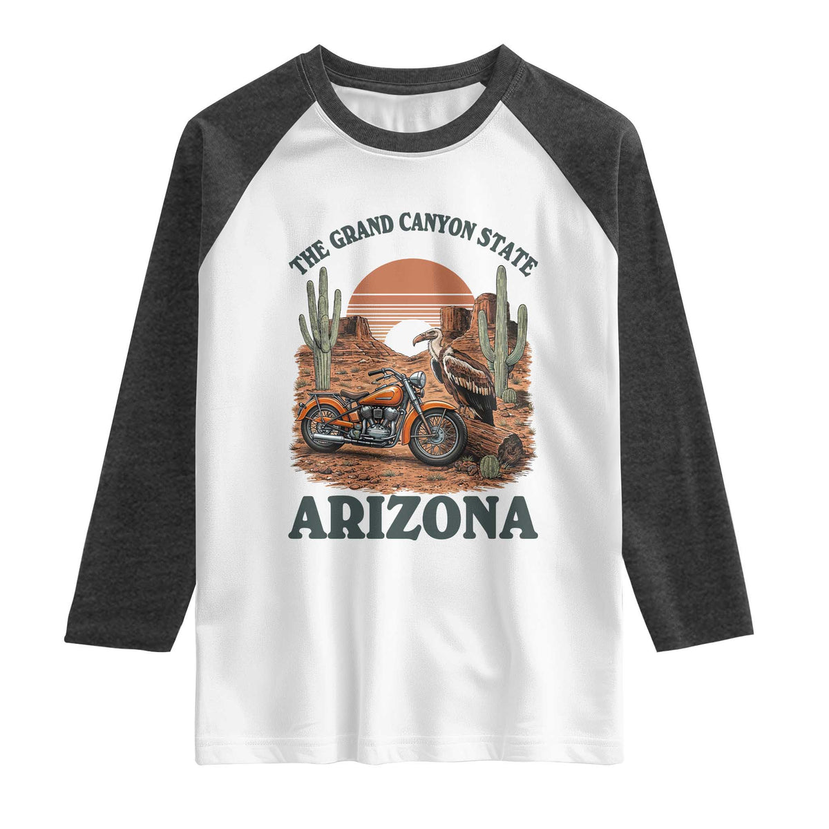 Vintage Arizona Motorcycle Rider Raglan Shirt Desert Cactus Grand Canyon State TS12 White Heather Charcoal Print Your Wear