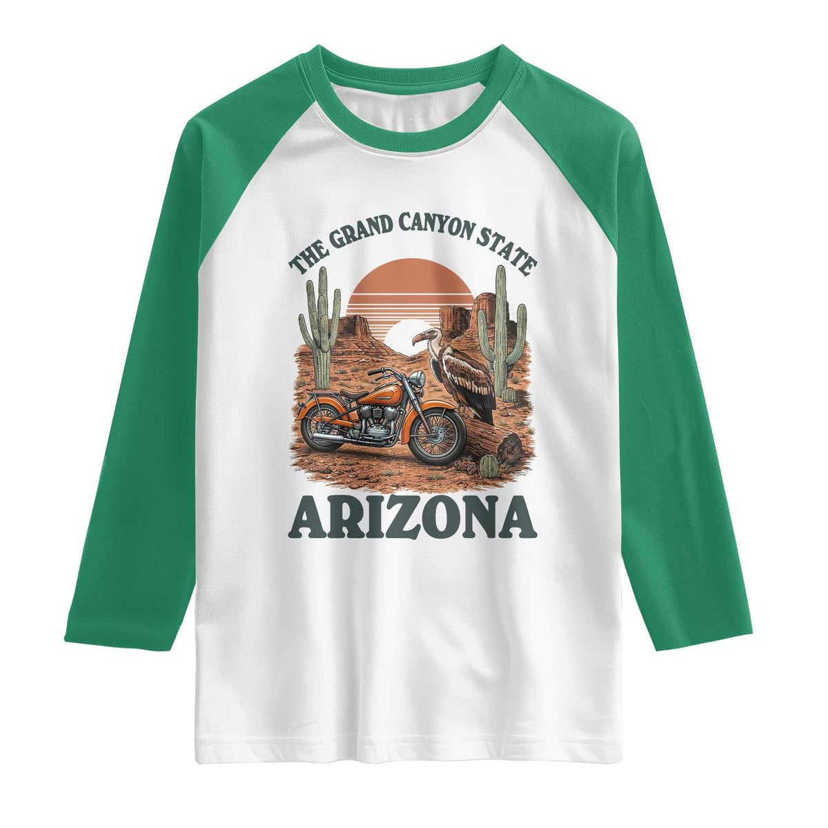 Vintage Arizona Motorcycle Rider Raglan Shirt Desert Cactus Grand Canyon State TS12 White Kelly Green Print Your Wear
