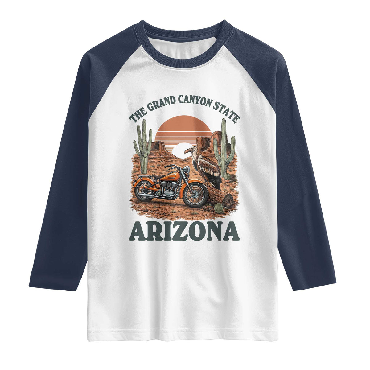 Vintage Arizona Motorcycle Rider Raglan Shirt Desert Cactus Grand Canyon State TS12 White Navy Print Your Wear