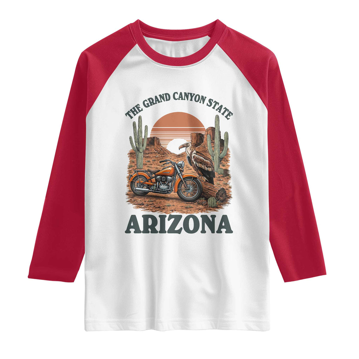 Vintage Arizona Motorcycle Rider Raglan Shirt Desert Cactus Grand Canyon State TS12 White Red Print Your Wear