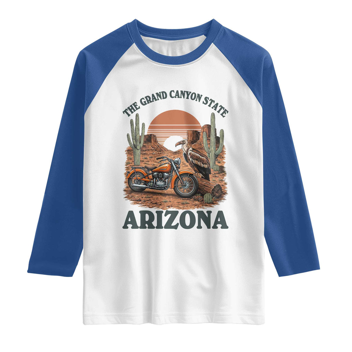 Vintage Arizona Motorcycle Rider Raglan Shirt Desert Cactus Grand Canyon State TS12 White Royal Print Your Wear