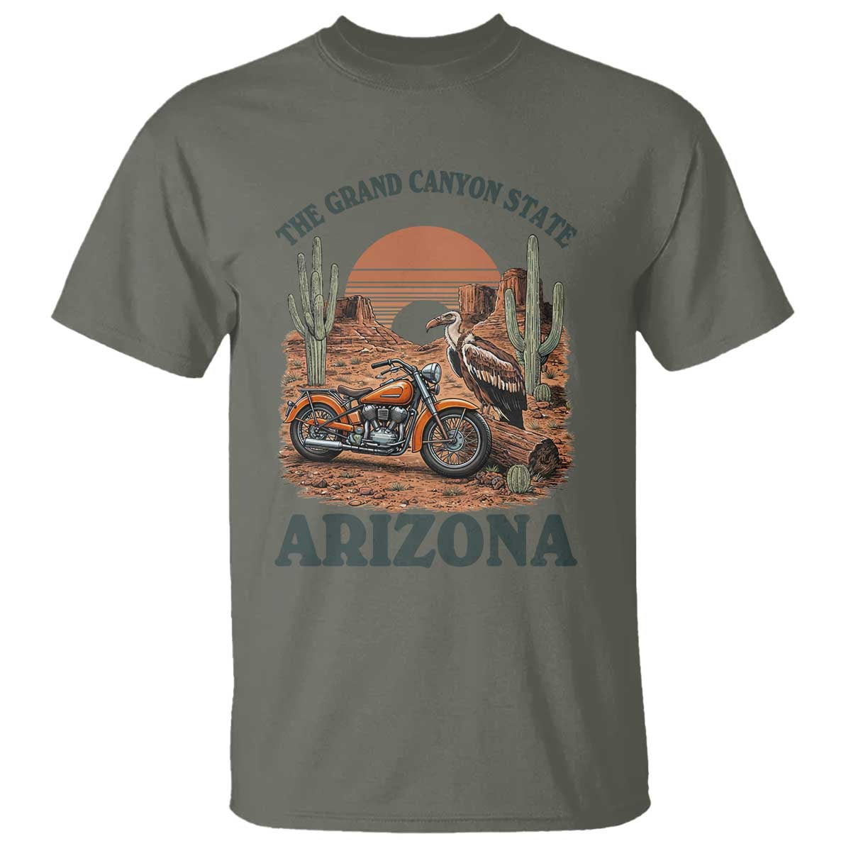 Vintage Arizona Motorcycle Rider T Shirt Desert Cactus Grand Canyon State TS12 Military Green Print Your Wear