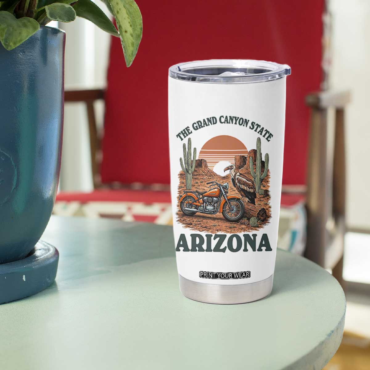 Vintage Arizona Motorcycle Rider Tumbler Cup Desert Cactus Grand Canyon State TS12 Print Your Wear