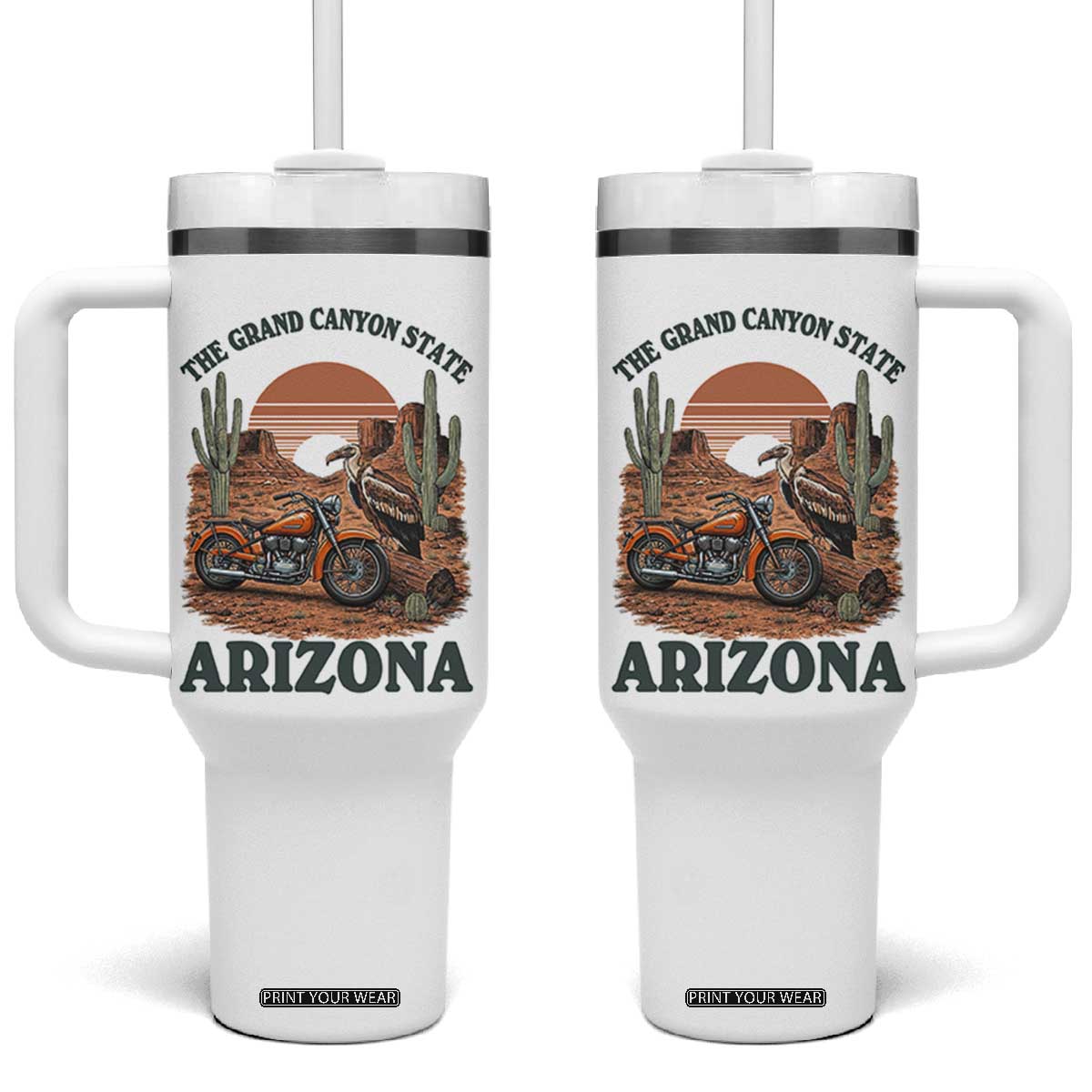 Vintage Arizona Motorcycle Rider Tumbler With Handle Desert Cactus Grand Canyon State TS12 One Size: 40 oz White Print Your Wear