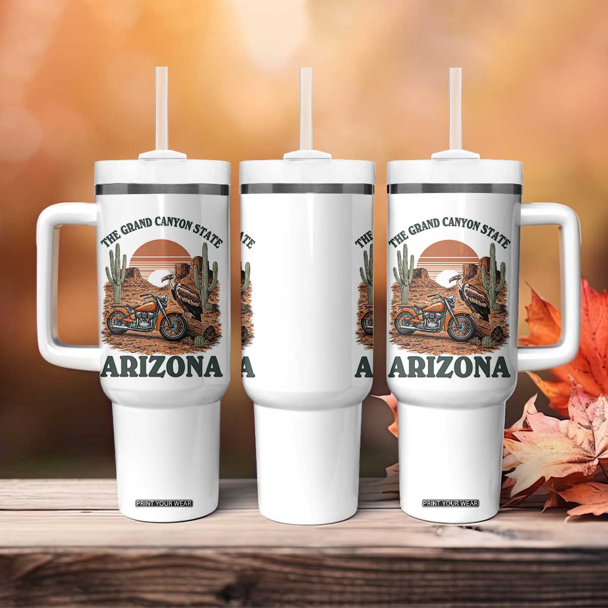 Vintage Arizona Motorcycle Rider Tumbler With Handle Desert Cactus Grand Canyon State TS12 Print Your Wear