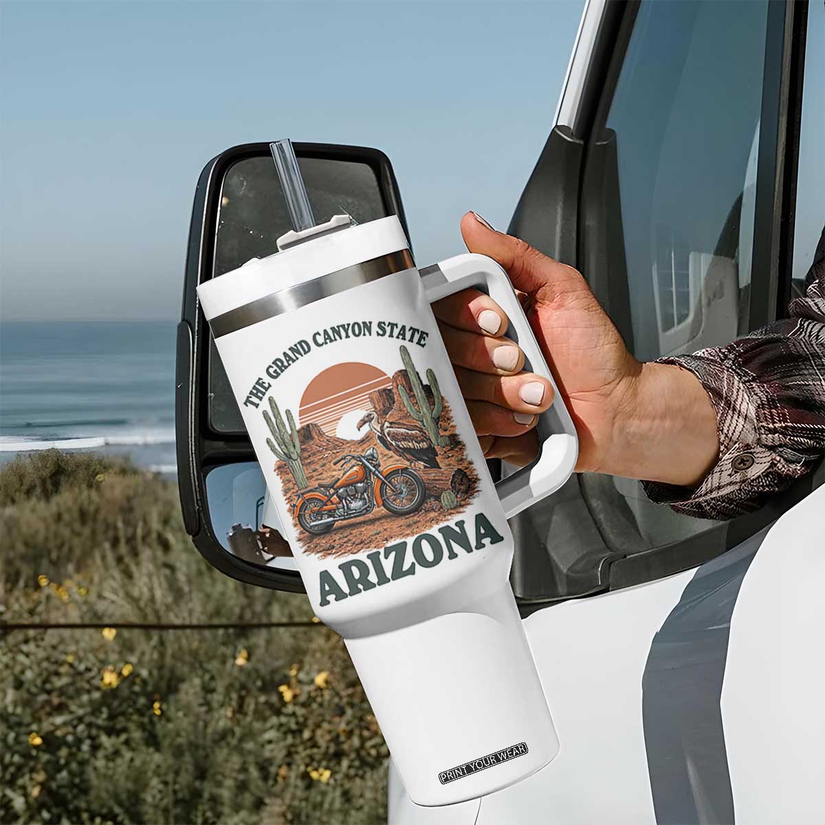 Vintage Arizona Motorcycle Rider Tumbler With Handle Desert Cactus Grand Canyon State TS12 Print Your Wear