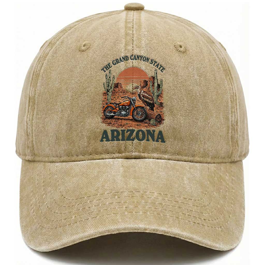 Vintage Arizona Motorcycle Rider Washed Cotton Baseball Cap Desert Cactus Grand Canyon State TS12 Print Your Wear