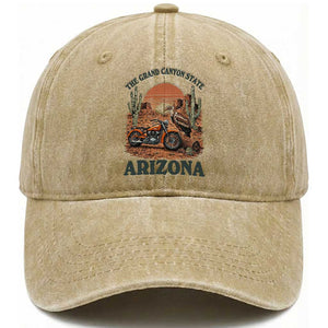 Vintage Arizona Motorcycle Rider Washed Cotton Baseball Cap Desert Cactus Grand Canyon State TS12 Print Your Wear