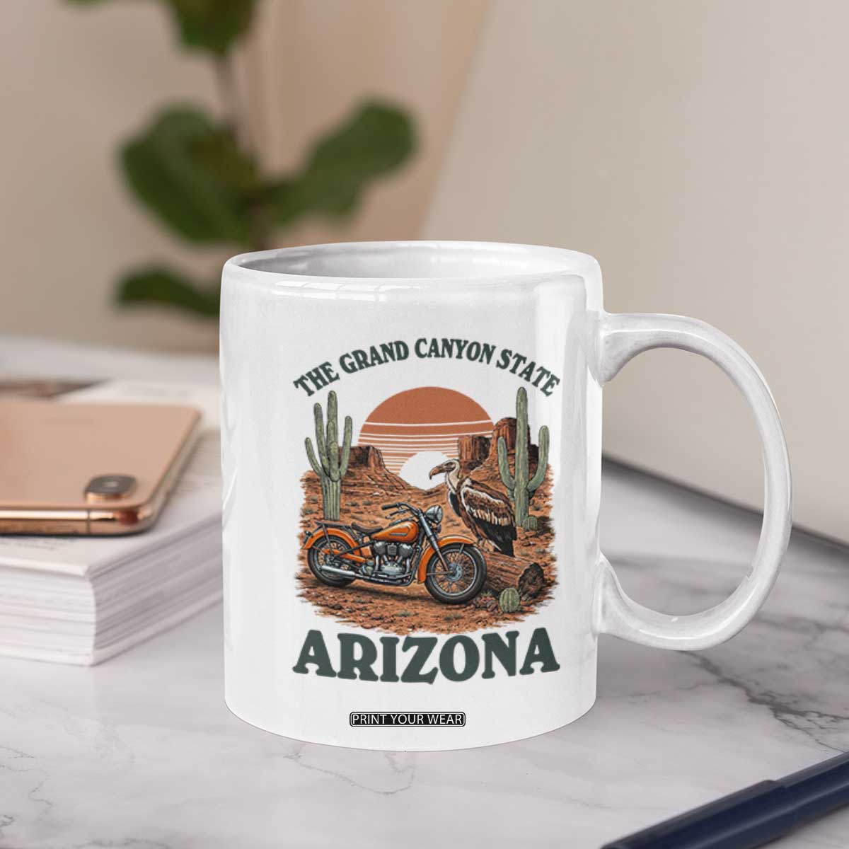 Vintage Arizona Motorcycle Rider Coffee Mug Desert Cactus Grand Canyon State TS12 Print Your Wear