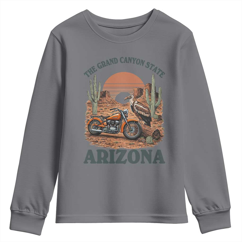 Vintage Arizona Motorcycle Rider Youth Sweatshirt Desert Cactus Grand Canyon State TS12 Charcoal Print Your Wear