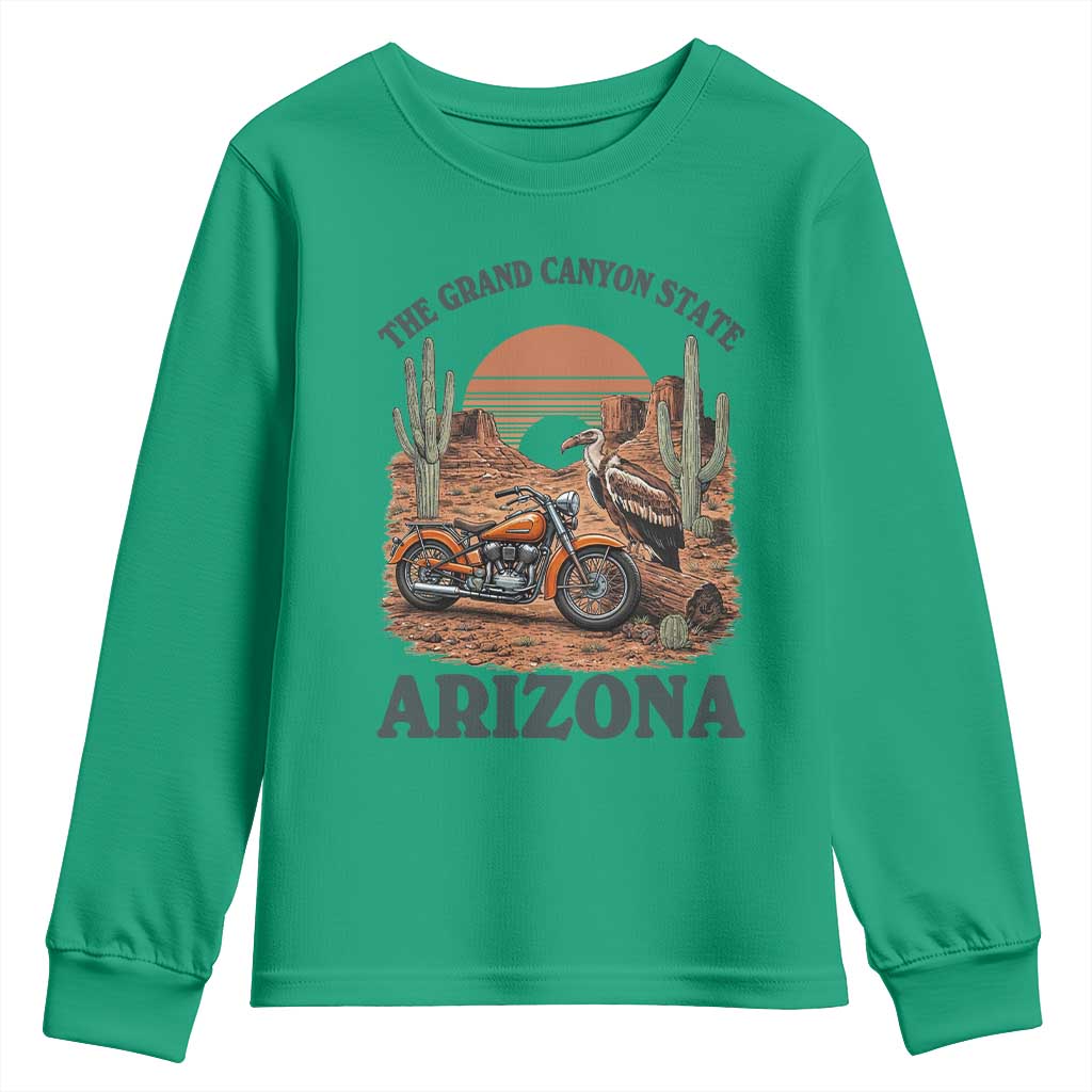 Vintage Arizona Motorcycle Rider Youth Sweatshirt Desert Cactus Grand Canyon State TS12 Irish Green Print Your Wear