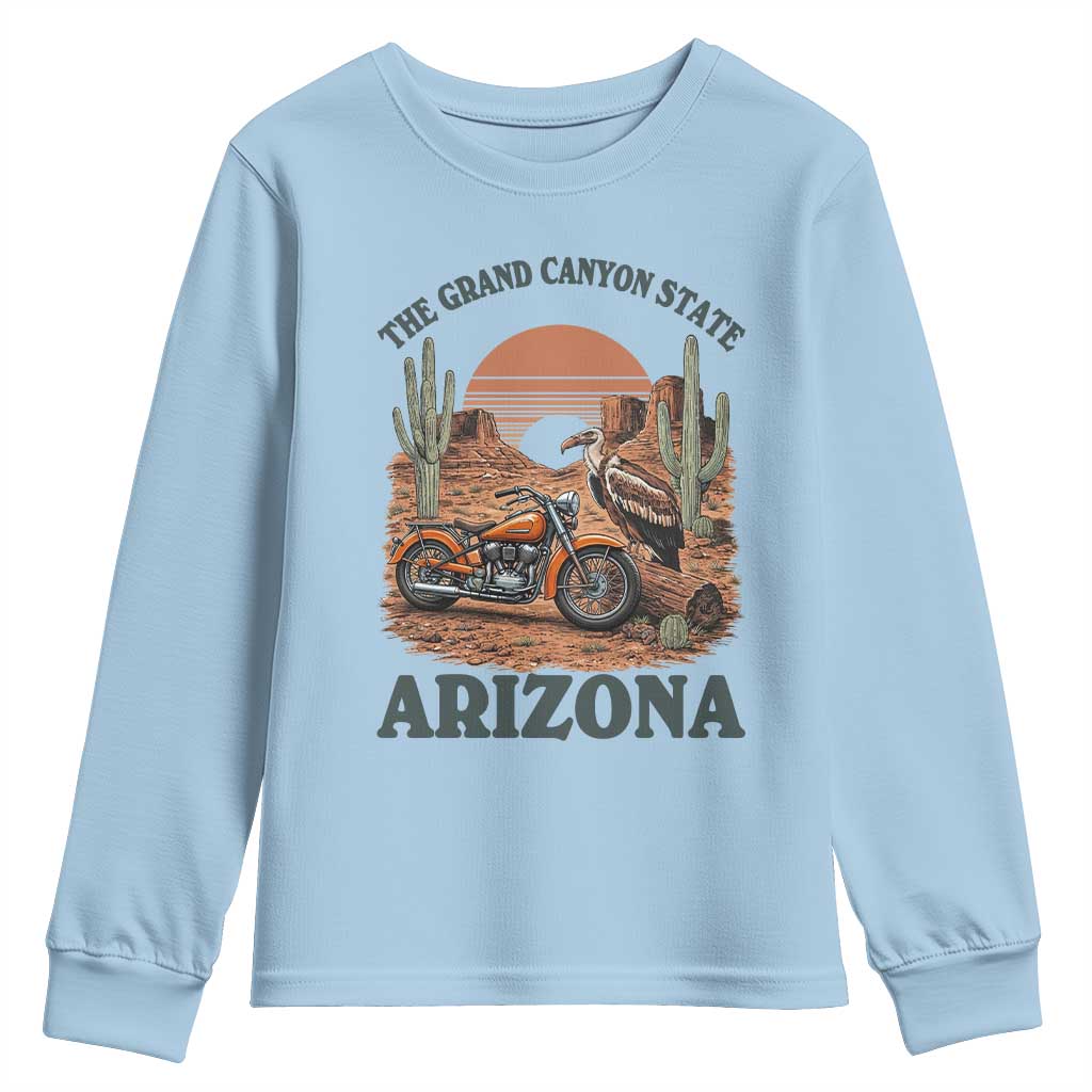 Vintage Arizona Motorcycle Rider Youth Sweatshirt Desert Cactus Grand Canyon State TS12 Light Blue Print Your Wear