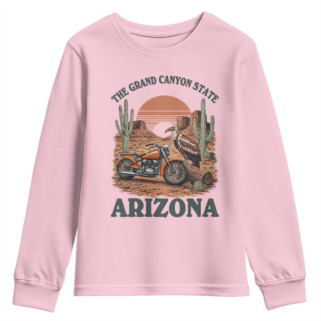 Vintage Arizona Motorcycle Rider Youth Sweatshirt Desert Cactus Grand Canyon State TS12 Light Pink Print Your Wear