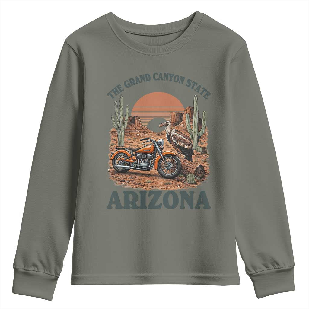 Vintage Arizona Motorcycle Rider Youth Sweatshirt Desert Cactus Grand Canyon State TS12 Military Green Print Your Wear