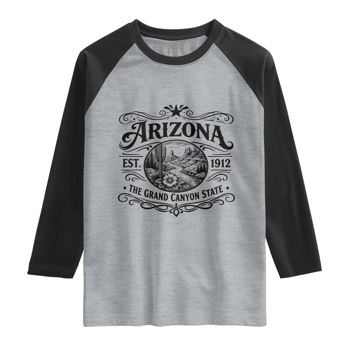 Arizona Desert Wanderlust Raglan Shirt Vintage Grand Canyon State Est 1912 TS12 Heather Gray Black Print Your Wear