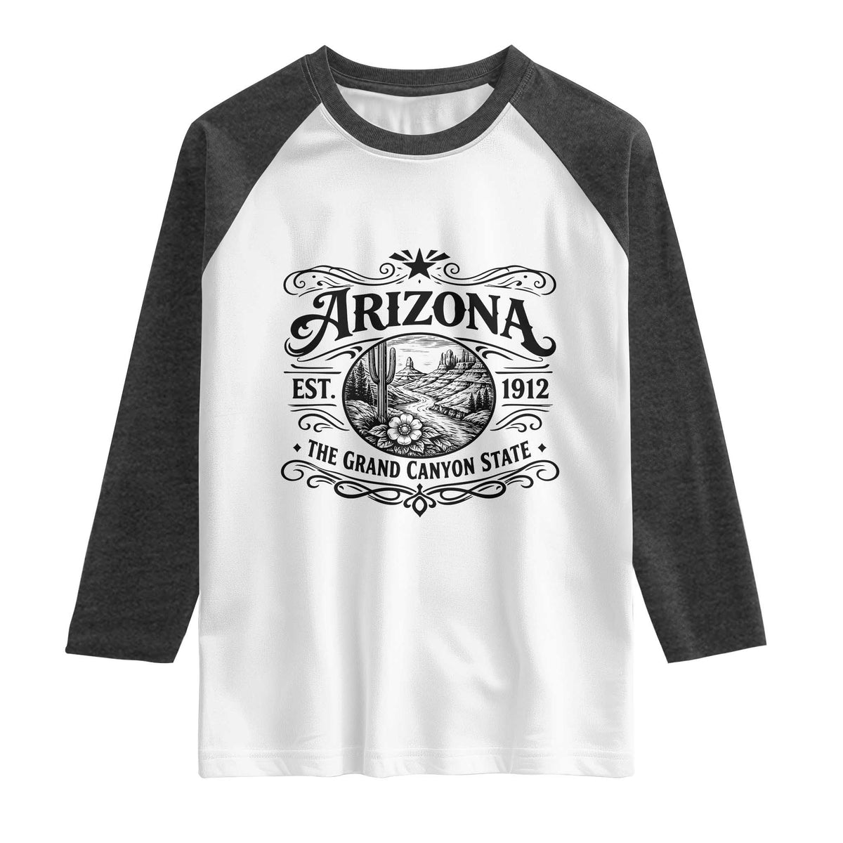 Arizona Desert Wanderlust Raglan Shirt Vintage Grand Canyon State Est 1912 TS12 White Heather Charcoal Print Your Wear