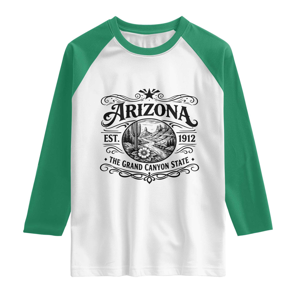 Arizona Desert Wanderlust Raglan Shirt Vintage Grand Canyon State Est 1912 TS12 White Kelly Green Print Your Wear