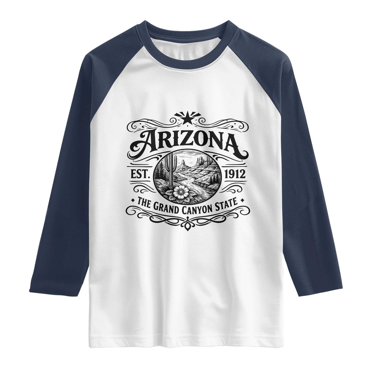 Arizona Desert Wanderlust Raglan Shirt Vintage Grand Canyon State Est 1912 TS12 White Navy Print Your Wear