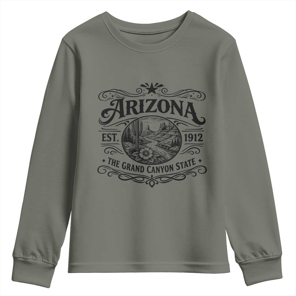 Arizona Desert Wanderlust Youth Sweatshirt Vintage Grand Canyon State Est 1912 TS12 Military Green Print Your Wear