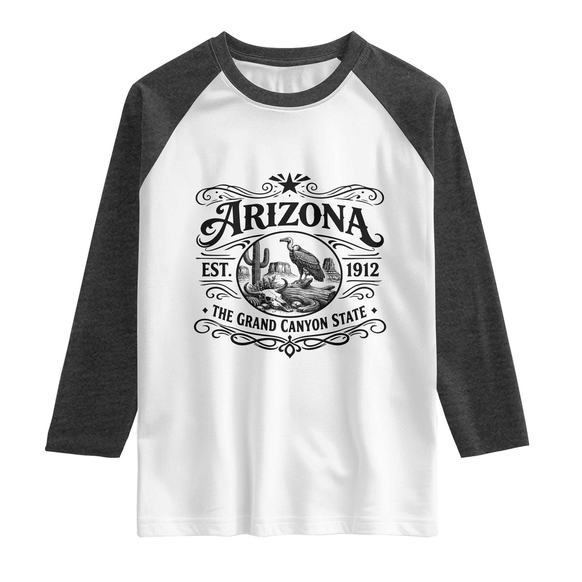 Vintage Arizona Cactus Desert Canyon Western 1912 Raglan Shirt TS12 White Heather Charcoal Print Your Wear