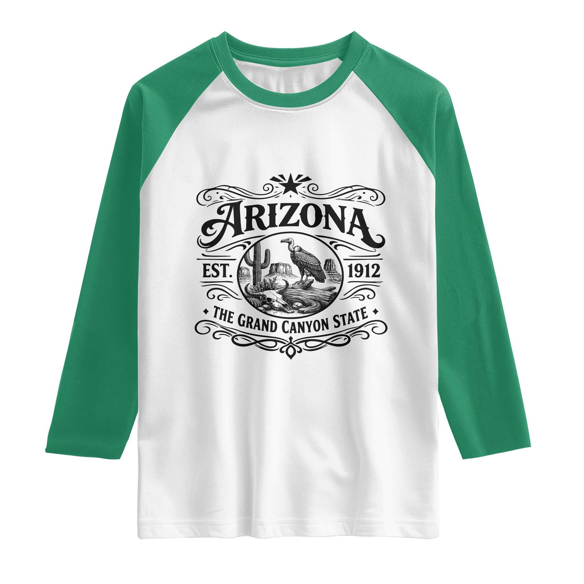 Vintage Arizona Cactus Desert Canyon Western 1912 Raglan Shirt TS12 White Kelly Green Print Your Wear