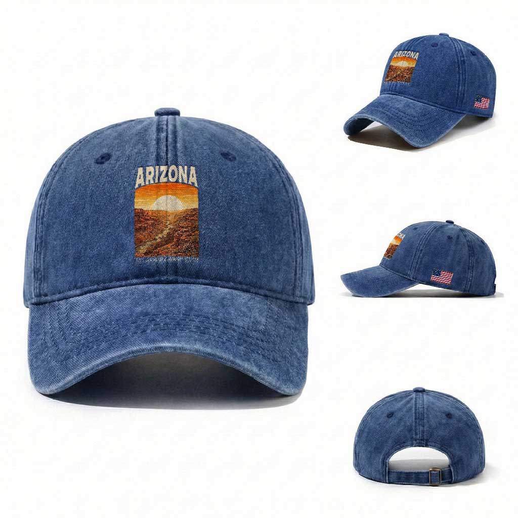 Arizona Souvenir Grand Canyon State Washed Cotton Baseball Cap Saguaro Cactus Road Trip TS12 Washed Cap Universal Fit Royal Blue Print Your Wear