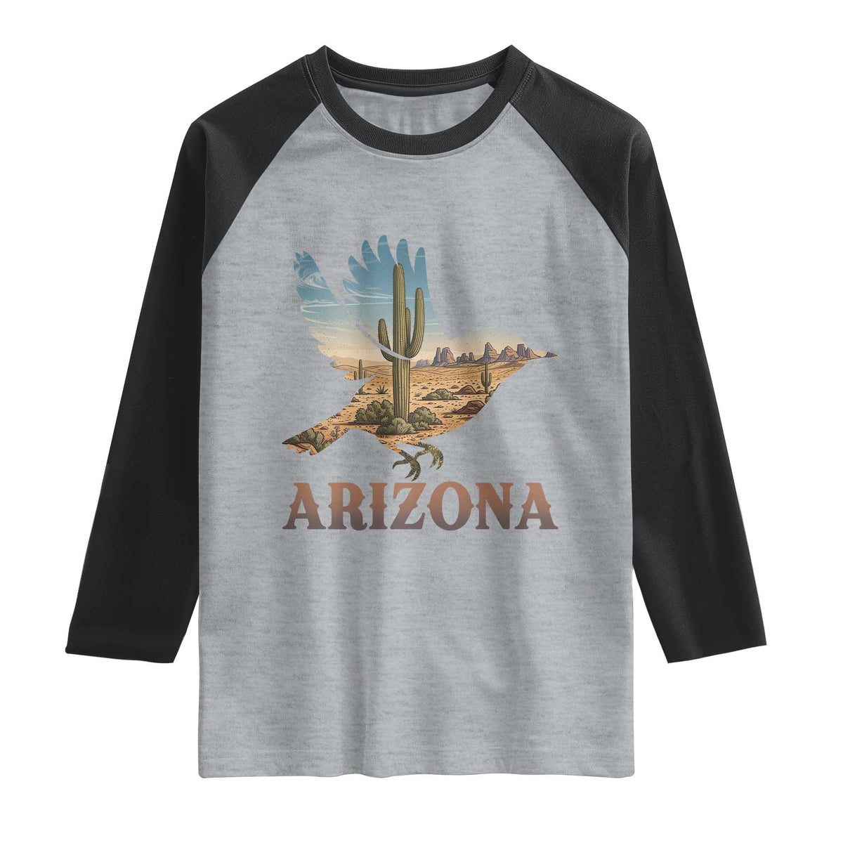 Arizona Desert Wren Bird Raglan Shirt Cactus Landscape Rustic Western TS12 Heather Gray Black Print Your Wear