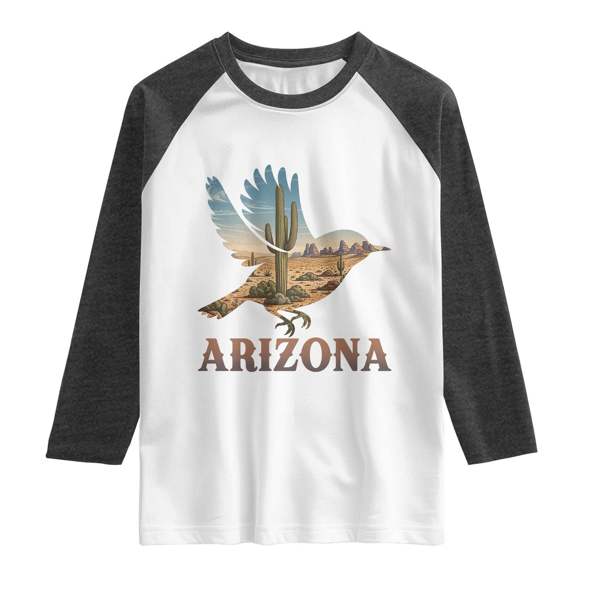Arizona Desert Wren Bird Raglan Shirt Cactus Landscape Rustic Western TS12 White Heather Charcoal Print Your Wear