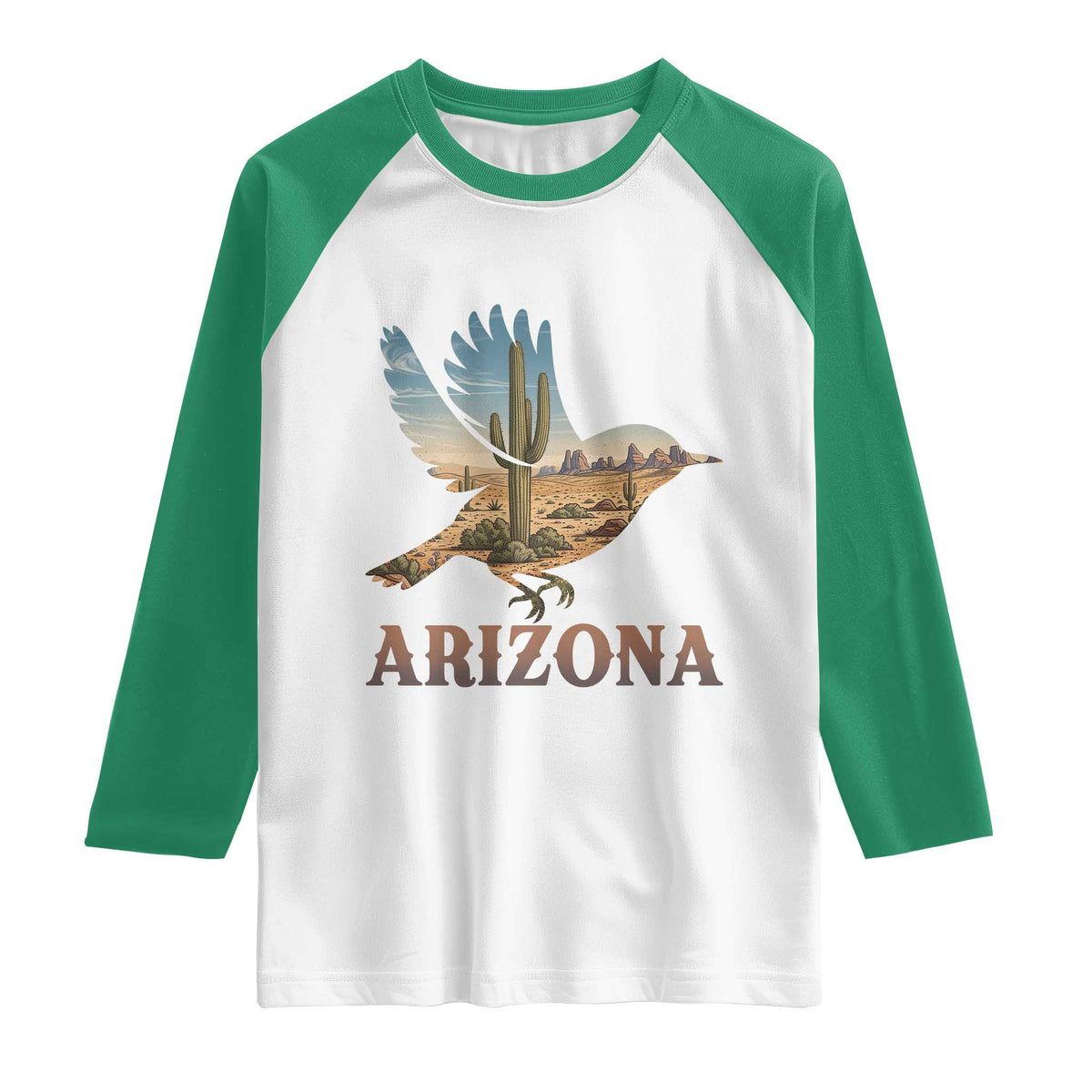 Arizona Desert Wren Bird Raglan Shirt Cactus Landscape Rustic Western TS12 White Kelly Green Print Your Wear
