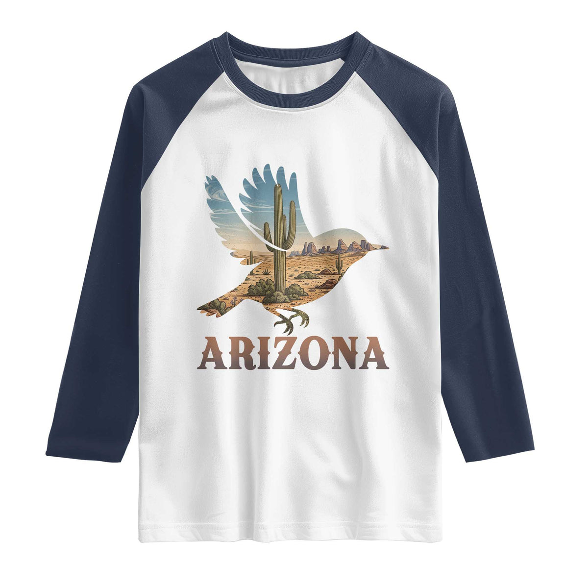 Arizona Desert Wren Bird Raglan Shirt Cactus Landscape Rustic Western TS12 White Navy Print Your Wear