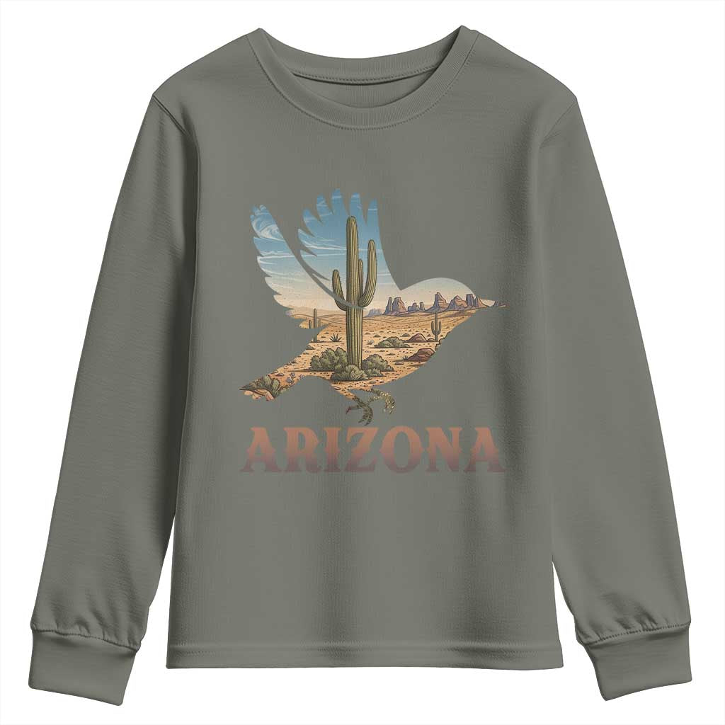 Arizona Desert Wren Bird Youth Sweatshirt Cactus Landscape Rustic Western TS12 Military Green Print Your Wear