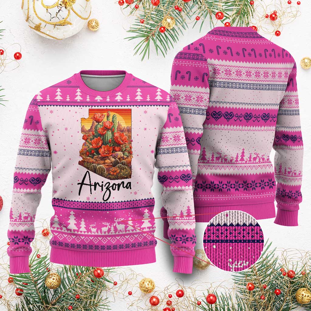 Arizona Map Blooming Cactus Flowers Gift Ugly Christmas Sweater TS12 Hot Pink Print Your Wear