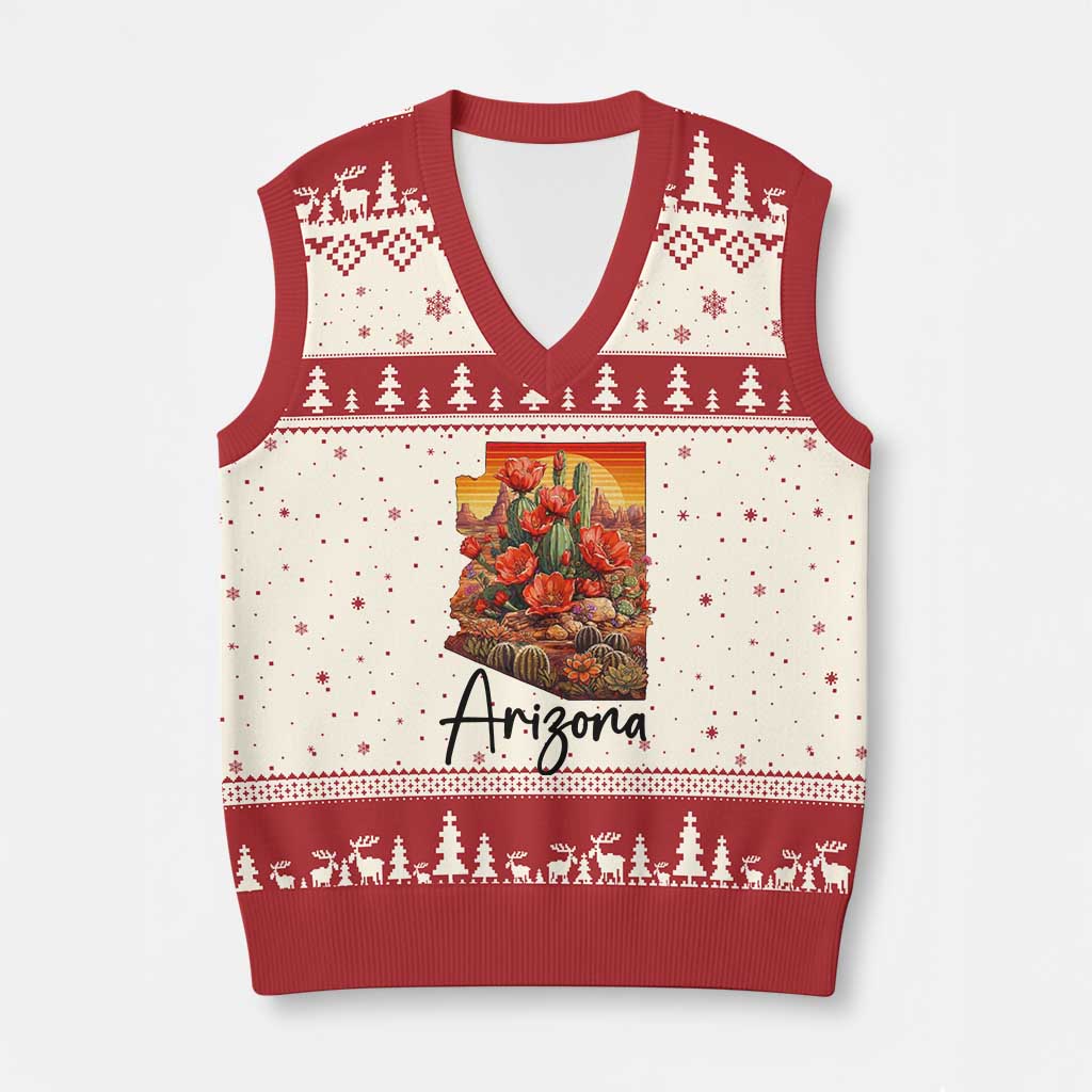Arizona Map Blooming Cactus Flowers Gift V-Neck Knit Sweater Vest TS12 Beige Red Print Your Wear